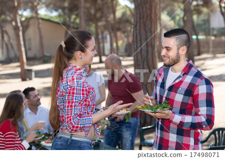 Colleagues making grill at picnic 17498071