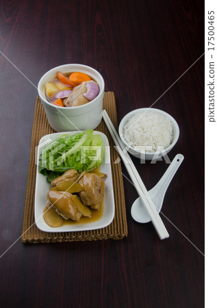 Chicken and herb soup in pot, Chinese food style. 17500465