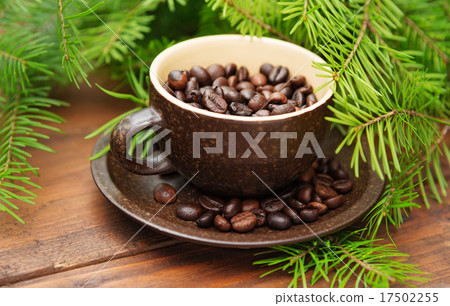 Branch of green christmas fir tree  and cup of 17502255