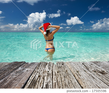 Woman in santa's hat at beach 17505596