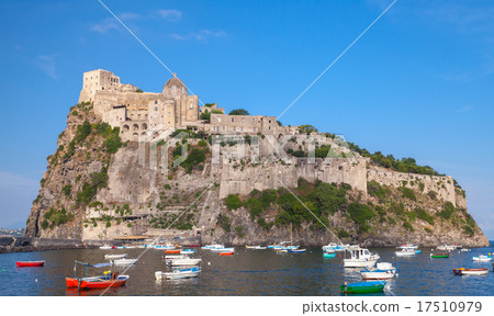 Ischia port, Aragonese Castle and colorful boats Ischia port, Aragonese Castle and colorful boats 17510979