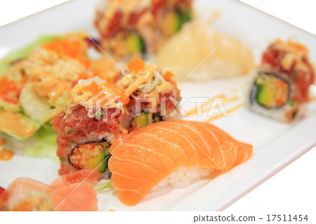 Salmon sushi and spicy tuna rolls on plate 17511454