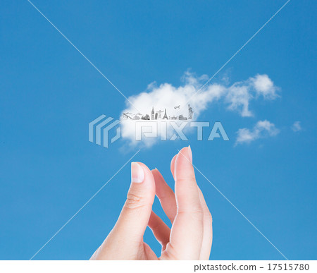 Hand with cloud of travel in blue sky (Japan,France,Italy,New Hand with cloud of travel in blue sky (Japan,France,Italy,New 17515780