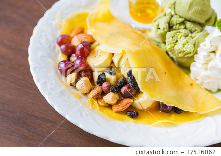 Pancake and fruit with ice cream on table 17516062