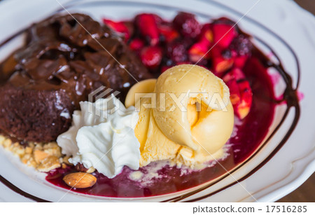 Chocolate cake with fruit peach, black currant, blueberry, apple Chocolate cake with fruit peach, black currant, blueberry, apple 17516285