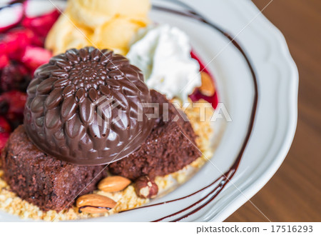 Chocolate cake with fruit peach, black currant, blueberry, apple Chocolate cake with fruit peach, black currant, blueberry, apple 17516293