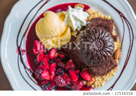 Chocolate cake with fruit peach, black currant, blueberry, apple Chocolate cake with fruit peach, black currant, blueberry, apple 17516358