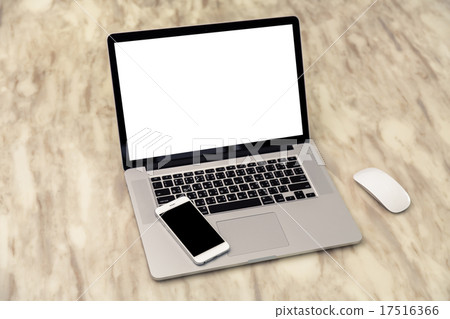 laptop with smart phone on table laptop with smart phone on table 17516366