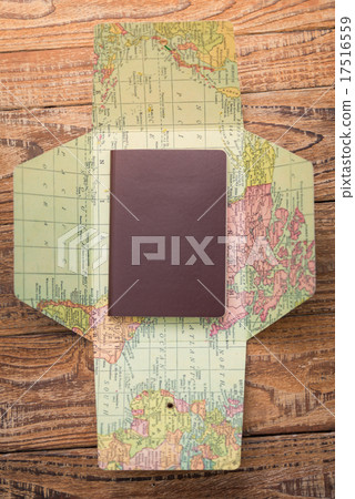 Blank passport with Map on wood table Blank passport with Map on wood table 17516559