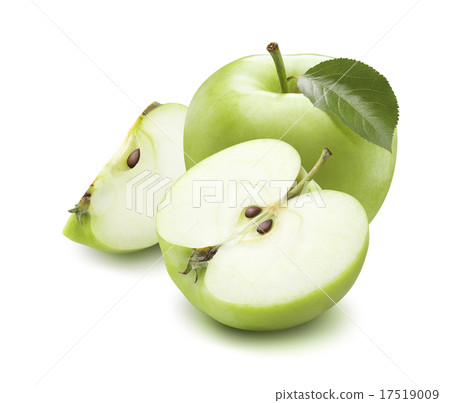 Green apple whole half quarter isolated on white  17519009