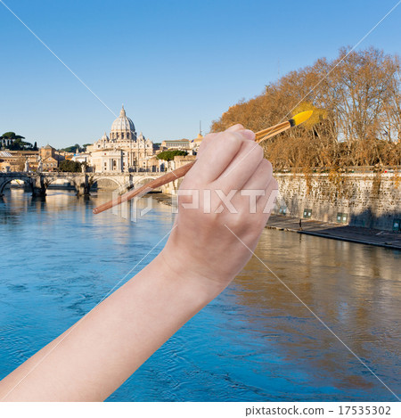 paintbrush paints trees in yellow colour in Rome paintbrush paints trees in yellow colour in Rome 17535302