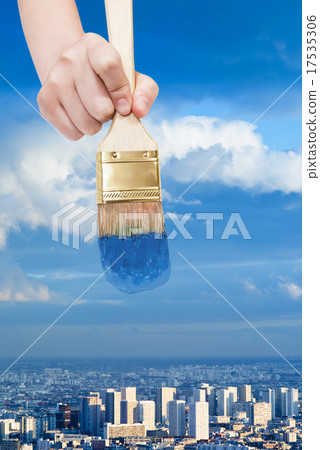 paintbrush paints blue sky over blue city paintbrush paints blue sky over blue city 17535306