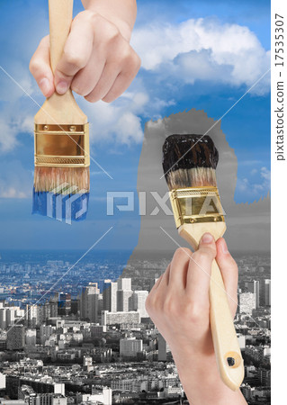 paintbrush paints black and blue side of city paintbrush paints black and blue side of city 17535307