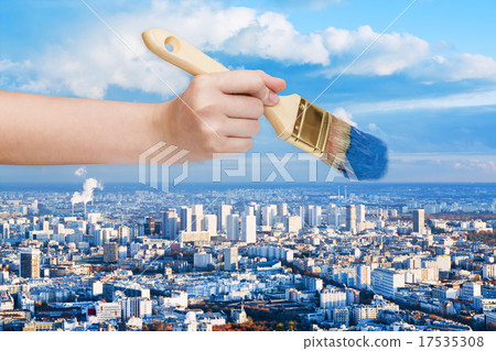 paintbrush paints blue sky over big city paintbrush paints blue sky over big city 17535308