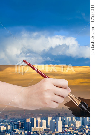 paintbrush paints smog sky over blue city 17535311