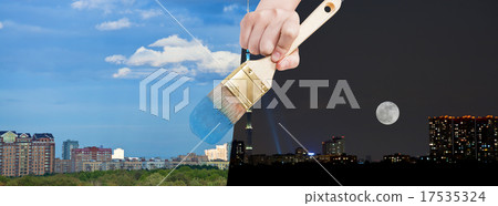 paintbrush paints day city from night time paintbrush paints day city from night time 17535324