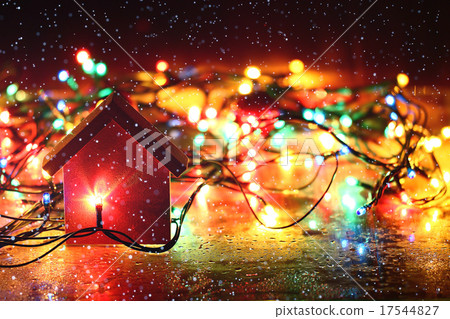 Christmas background, garland lights toys snowflakes snow glare night 17544827