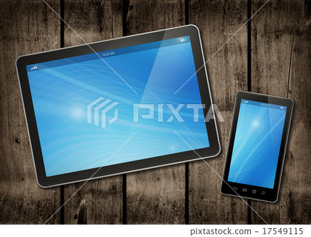 Smartphone and digital tablet PC on a wood table 17549115