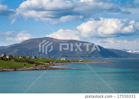 view of fjord, mountains, village Norway, Lofoten 17550331