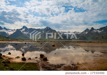 scenic view of fjord and snow mountains, Norway scenic view of fjord and snow mountains, Norway 17550490
