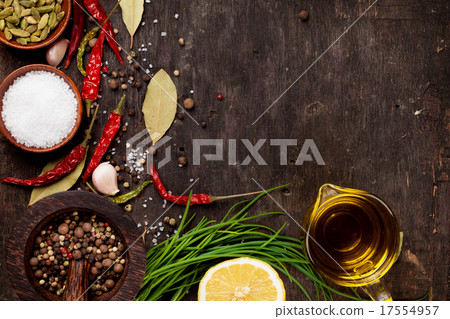 Various spices on wooden background 17554957