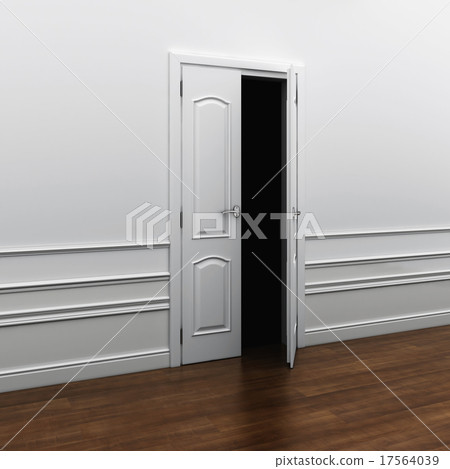 Open door in room and darkness behind her Open door in room and darkness behind her 17564039