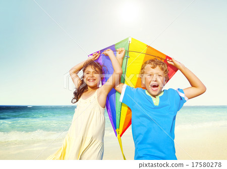 Children Playing Kite Happiness Cheerful Beach Summer Concept Children Playing Kite Happiness Cheerful Beach Summer Concept 17580278