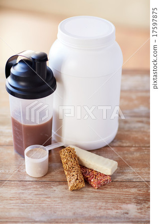 close up of protein food and additives on table close up of protein food and additives on table 17597875