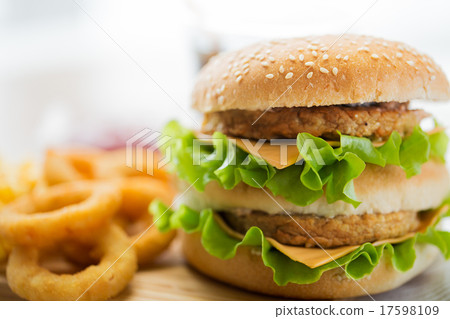 close up of hamburger or cheeseburger on table 17598109