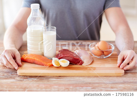close up of male hands with food rich in protein 17598116