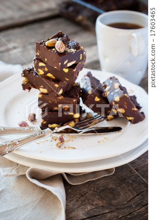 Chocolate Fudge with Pistachios on White Plate Chocolate Fudge with Pistachios on White Plate 17603465