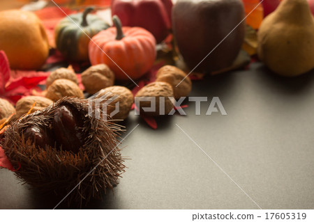 Chestnut and walnuts of ornament and autumn leaves and other autumn image 17605319