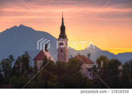 Church in Bled Lake, Slovenia at Sunrise Church in Bled Lake, Slovenia at Sunrise 17610358