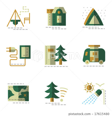 Flat simple green vector icons for camping. 17615480