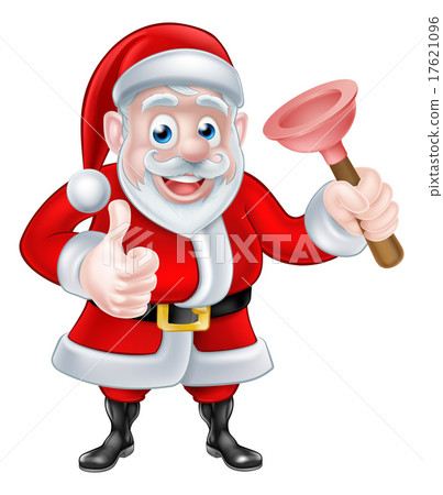 Cartoon Santa Giving Thumbs Up and Holding Plunger 17621096