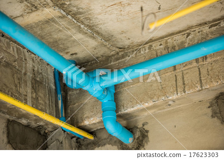 Blue PVC pipe under the structure house Blue PVC pipe under the structure house 17623303