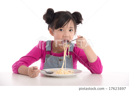 Cute asian girl eating Spaghetti Carbonara Cute asian girl eating Spaghetti Carbonara 17623897
