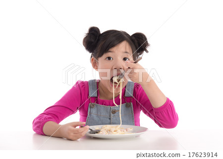 Cute asian girl eating Spaghetti Carbonara Cute asian girl eating Spaghetti Carbonara 17623914