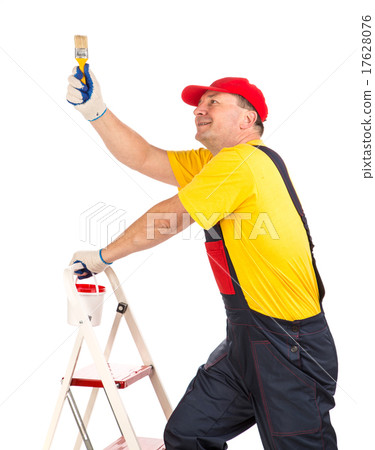 Worker on ladder with brush. Worker on ladder with brush. 17628076