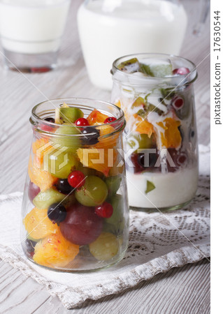 Fresh fruit in a jar and yogurt close up vertical Fresh fruit in a jar and yogurt close up vertical 17630544