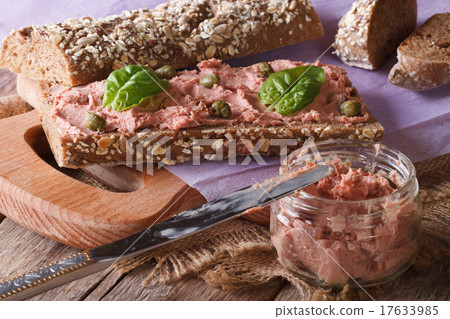 Sandwich with pate and basil close-up, horizontal Sandwich with pate and basil close-up, horizontal 17633985