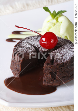 fondant cake with cherries and mint ice cream 17634026