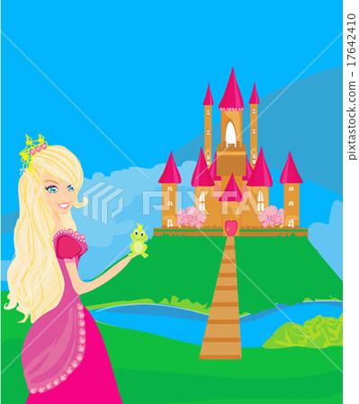 Beautiful young princess holding a big green frog Beautiful young princess holding a big green frog 17642410