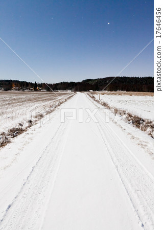 Long snowy road and clear starry sky in moon light Long snowy road and clear starry sky in moon light 17646456