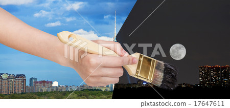 paintbrush paints night time in evening city paintbrush paints night time in evening city 17647611