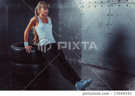 athlete woman doing push-ups on bench training athlete woman doing push-ups on bench training 17649342