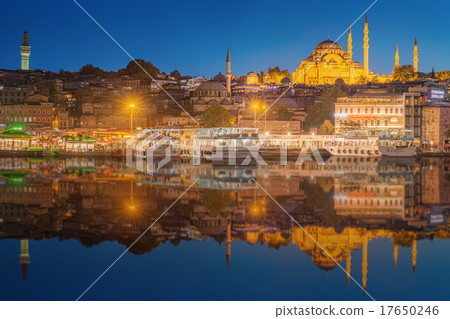 Istanbul skyline from Galata bridge by night 17650246