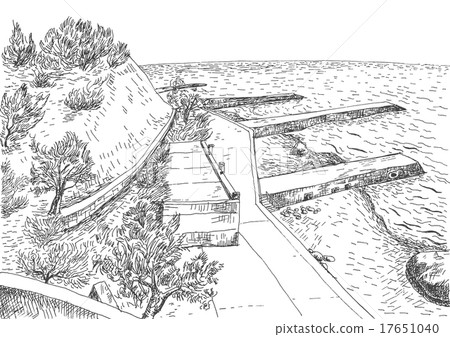 Sea coast with piers and rocky shore.  17651040
