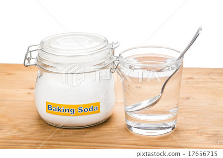 Baking soda in jar, spoonful and glass of water Baking soda in jar, spoonful and glass of water 17656715