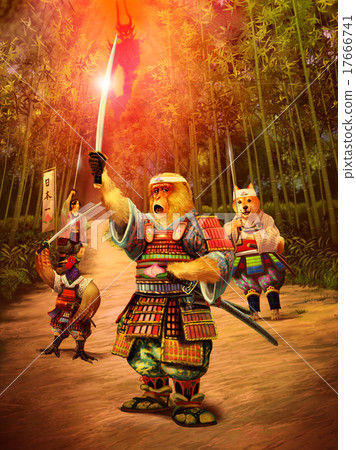 桃太郎的僕人的猴子拿著一把劍 17666741